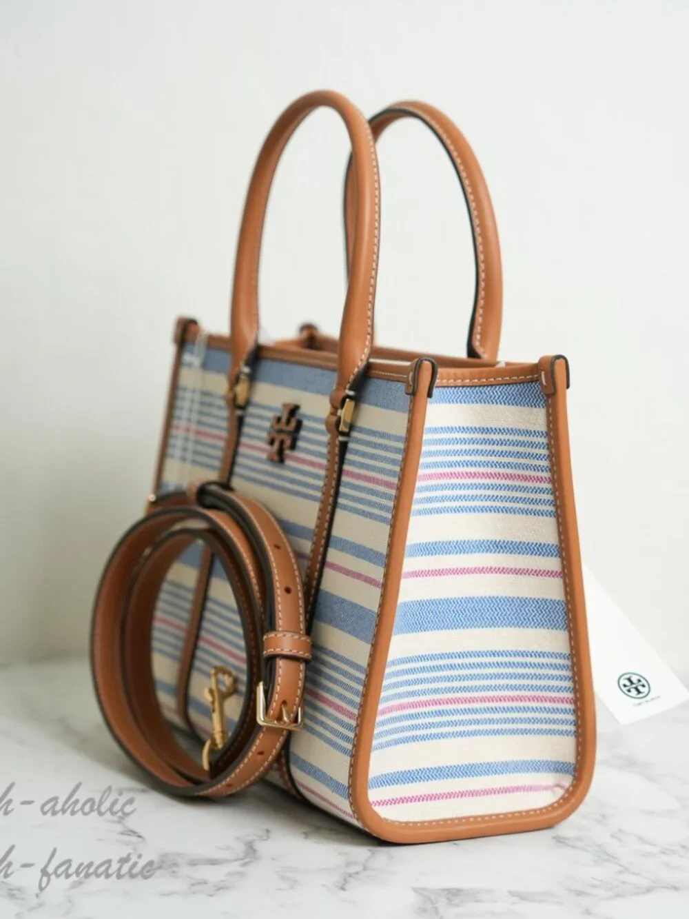 Tory Burch Blake Stripe Canvas Small Tote Crossbody in Multi / Walnut NWT
